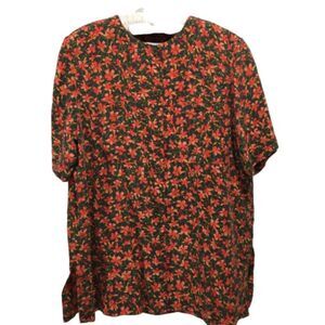 Liz Claiborne Coral Green Silk Button Up Short Sleeve Scoop Neck Blouse 14P